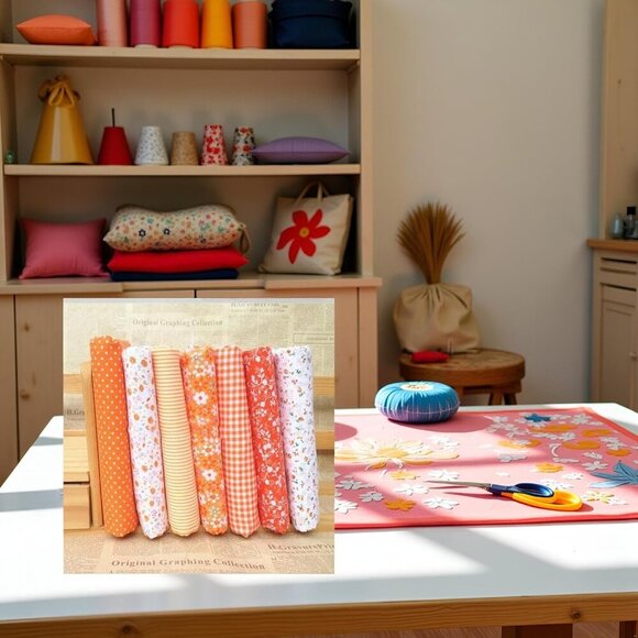 Brand New Orange Cotton Fabric 10x10in Floral Dot Art, Crafts, Sewing - Picture 4 of 9